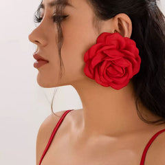 Red Fabric Rose Floral Stud Earrings