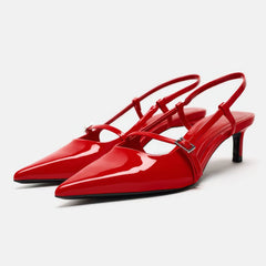 Red Patent Pointed Toe Slingback Kitten Heels