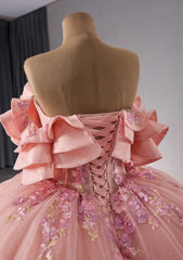 Ruffled Layered Offshoulder Pink Floral Quinceañera Ball Dress - M9N0O