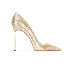 Tacones de aguja con punta puntiaguda y decoración de lentejuelas