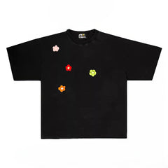 Simple T-shirt with Colorful Applique Flower Accents