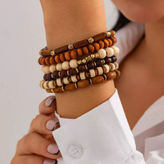 Six Piece Multi-Tone Wood Bead Stretch Bracelet Set