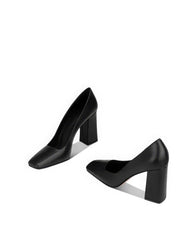 Sleek Leather Square-Toe Block Heel Pumps