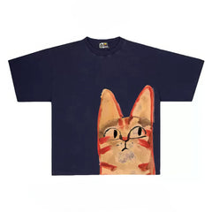 Slightly Grumpy Cat Graphic Tee with Peeking Design