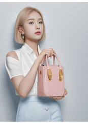 Small Pale Pink Tote Bag with Unique Gold Tone Hand Sculptures