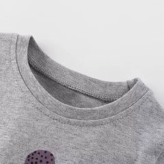 Soft Grey Short Sleeve T-Shirt for Girls with Cute Cartoon Girl Illustration