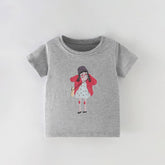 Soft Grey Short Sleeve T-Shirt for Girls with Cute Cartoon Girl Illustration