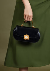 Sophia Black Leather Top Handle Bag with Unique Clock Face Clasp