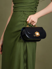 Sophia Black Leather Top Handle Bag with Unique Clock Face Clasp