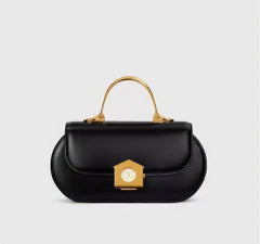 Sophia Black Leather Top Handle Bag with Unique Clock Face Clasp