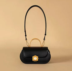 Sophia Black Leather Top Handle Bag with Unique Clock Face Clasp