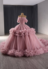 Strapless Layered Tulle Beaded Ball Dress P9Q0R
