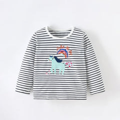 Striped Long-Sleeve T-Shirt with Unicorn and Rainbow Applique