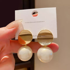Stylish Gold Tone Disc Top Earrings with Iridescent Cream Faux Pearl Spheres