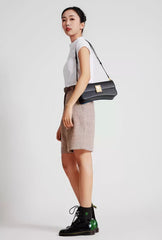 Timekeeper Black Leather Baguette Shoulder Bag with Unique Clock Face Clasp