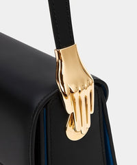 Timekeeper Black Leather Baguette Shoulder Bag with Unique Clock Face Clasp