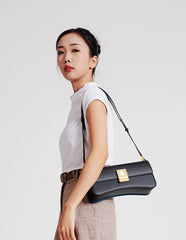Timekeeper Black Leather Baguette Shoulder Bag with Unique Clock Face Clasp