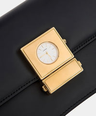 Timekeeper Black Leather Baguette Shoulder Bag with Unique Clock Face Clasp