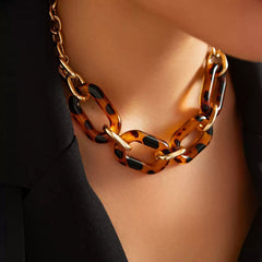 Tortoiseshell Resin and Metal Chain T-Bar Necklace