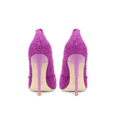 Tacones altos con borde deshilachado y punta de tweed