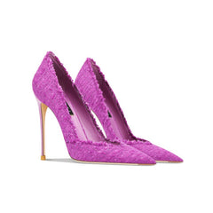 Tacones altos con borde deshilachado y punta de tweed
