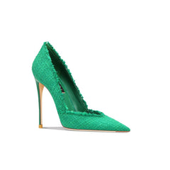 Tacones altos con borde deshilachado y punta de tweed