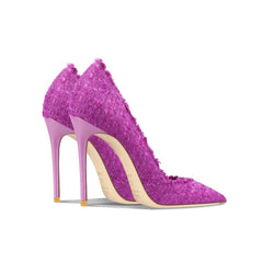 Tacones altos con borde deshilachado y punta de tweed