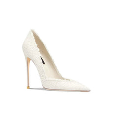 Tacones altos con borde deshilachado y punta de tweed