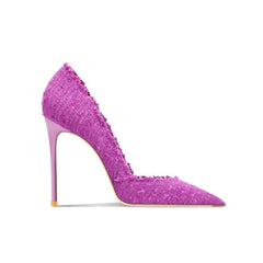 Tacones altos con borde deshilachado y punta de tweed