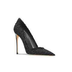 Tacones altos con borde deshilachado y punta de tweed