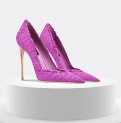 Tacones altos con borde deshilachado y punta de tweed