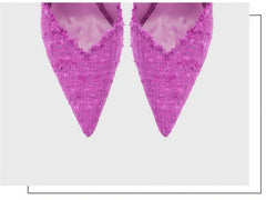 Tacones altos con borde deshilachado y punta de tweed