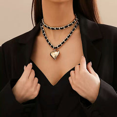 Two-Layer Leather Woven Chain Necklace Set with Heart Pendant