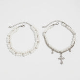 Two-Piece Faux Pearl and Cross Charm Anklet Set