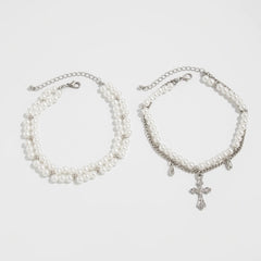 Two-Piece Faux Pearl and Cross Charm Anklet Set