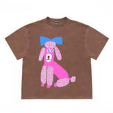 Washed Brown T-Shirt with Pink Poodle Graphic Print