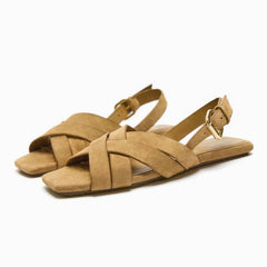 Women's Black Leather Crisscross Slingback Flat Sandals