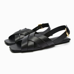 Women's Black Leather Crisscross Slingback Flat Sandals