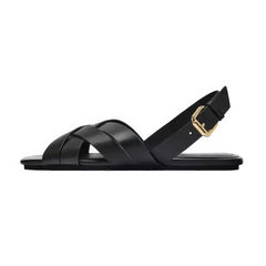 Women's Black Leather Crisscross Slingback Flat Sandals