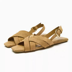 Women's Black Leather Crisscross Slingback Flat Sandals