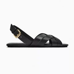 Women's Black Leather Crisscross Slingback Flat Sandals