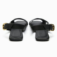 Women's Black Leather Crisscross Slingback Flat Sandals