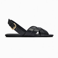 Women's Black Leather Crisscross Slingback Flat Sandals