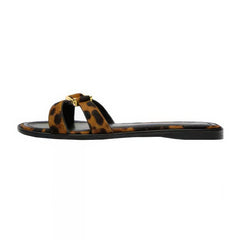 Women's Leopard Print Crisscross Flat Sandals with Buckle Detail