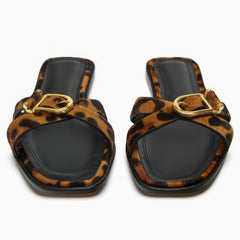 Women's Leopard Print Crisscross Flat Sandals with Buckle Detail