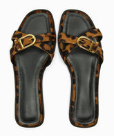 Women's Leopard Print Crisscross Flat Sandals with Buckle Detail