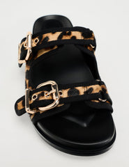 Women's Leopard Print Leather Flat Sandals with Buckle Detail
