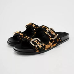 Women's Leopard Print Leather Flat Sandals with Buckle Detail
