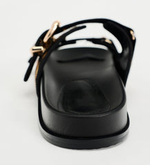Women's Leopard Print Leather Flat Sandals with Buckle Detail