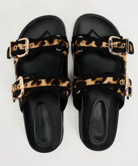 Women's Leopard Print Leather Flat Sandals with Buckle Detail